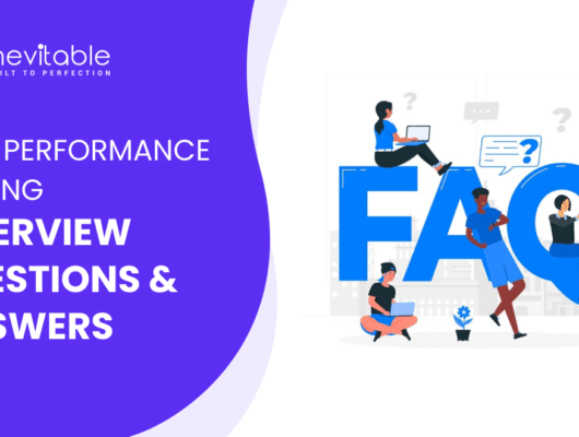 Graphic highlighting Best Performance Testing Interview Questions And Answers, featuring stylized characters interacting with a large faq symbol.